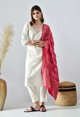 Ivory with Fuchsia Pink Dupatta Suit Set